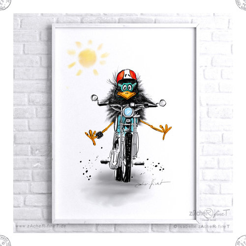 Poster Rocky Rabe auf Motorrad