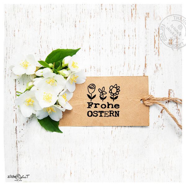 Osterstempel Textstempel - FROHE OSTERN mit Blumen