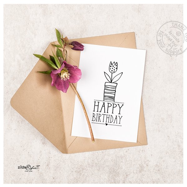 Textstempel - HAPPY BIRTHDAY mit Blume klein