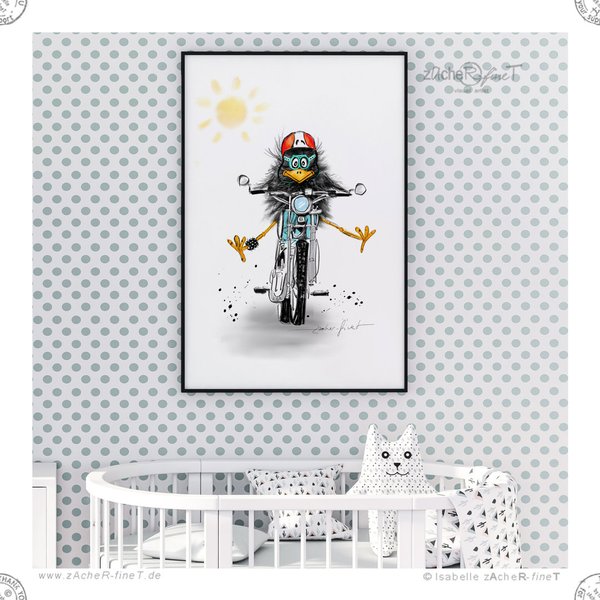 Poster Rocky Rabe auf Motorrad
