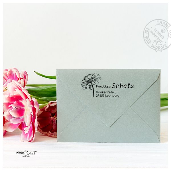 Adressstempel personalisiert mit Blume III, Familienstempel, für Blumenliebhaber, Geschenk